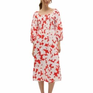 NWT Vera Moda smocked 3/4 sleeved Floral Red and White Midi Dress size XL